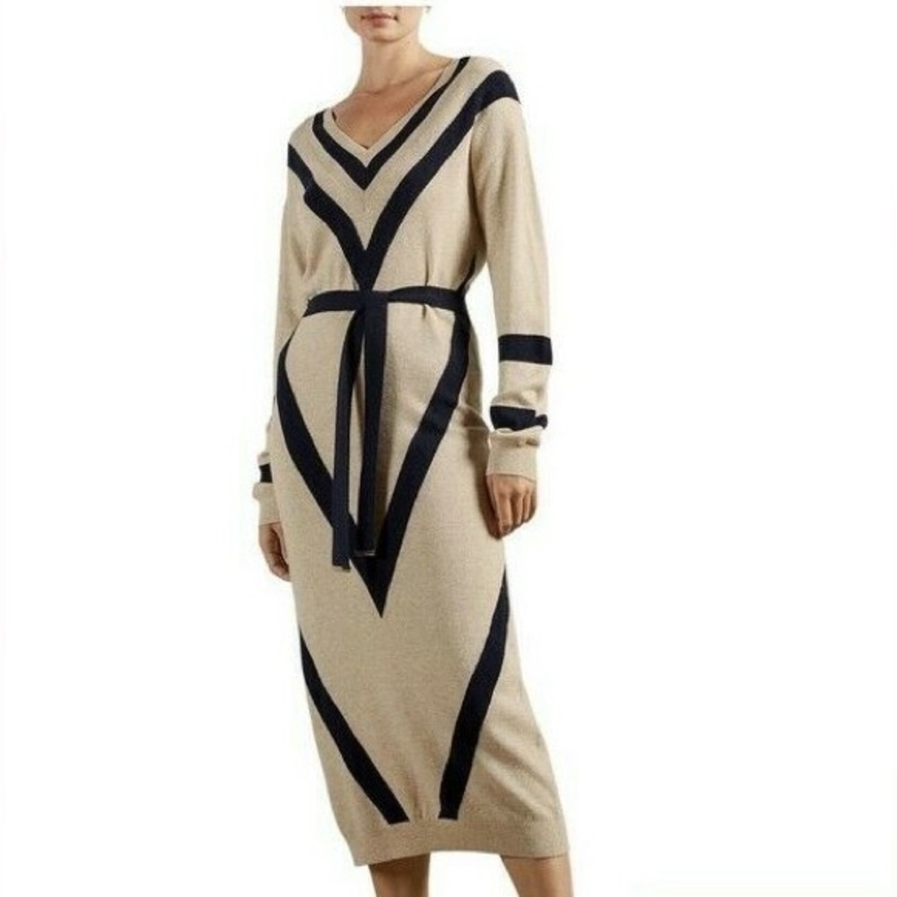 Ted Baker Merino Wool Cashmere Knit Long Sleeve Cream Black Midi Sweater Dress - Picture 3 of 9